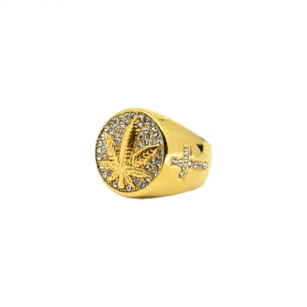 Bague Chevalière Dorée Feuille de Cannabis Strass