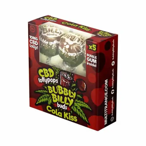 Boîte de 5 sucettes CBD Cola Kiss Bubbly Billy, 10mg de CBD, goût cola et bubble-gum