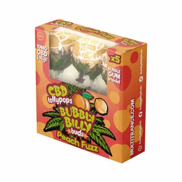 Boîte de 5 sucettes CBD Bubbly Billy goût pêche, lollipops avec chewing-gum à l'intérieur