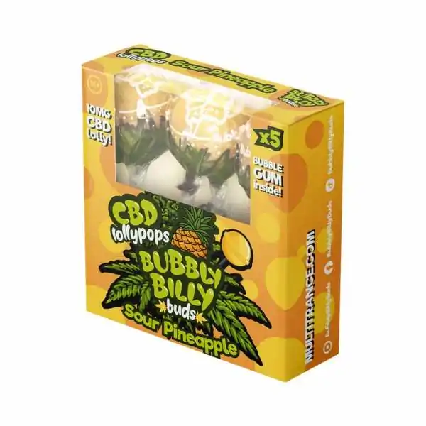 Boîte de 5 sucettes CBD Bubbly Billy goût ananas, produit avec feuille de cannabis