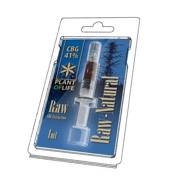 Emballage produit CBG 41% Plant of Life, seringue 1ml d'extrait Raw Natural, cannabis